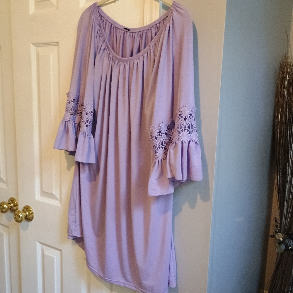 Lavender Off‎ Shoulder Tunic Dress Embroidered Bell Sleeves Boho Flowy Plus 1X - Picture 8 of 12